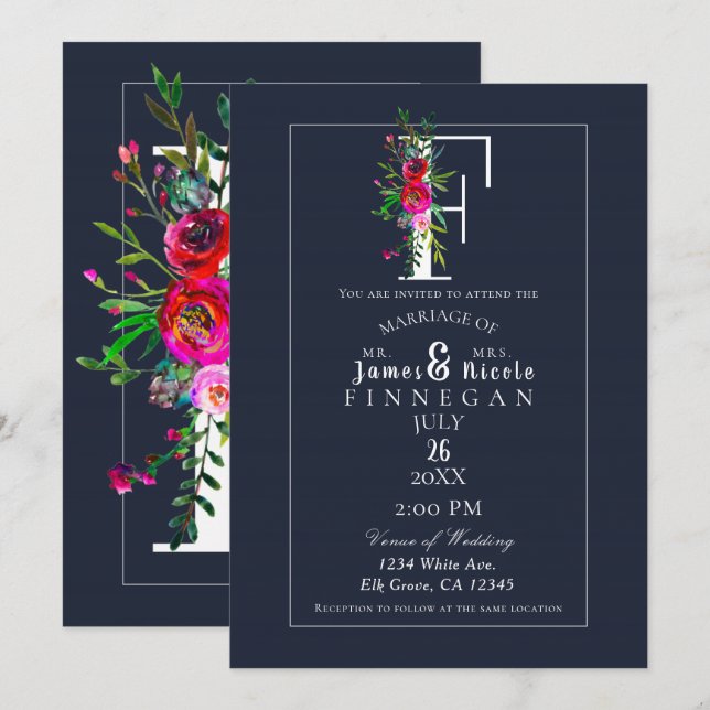 Invitation F Monogramme Dernier initial bleu Floral Mariage (Devant / Derrière)