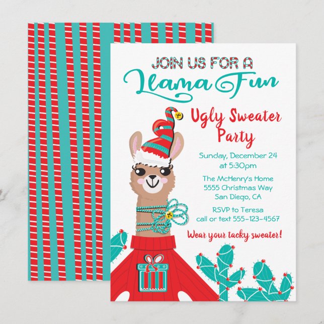 Invitation Fa la Llama Ugly Christmas Sweat Party (Devant / Derrière)