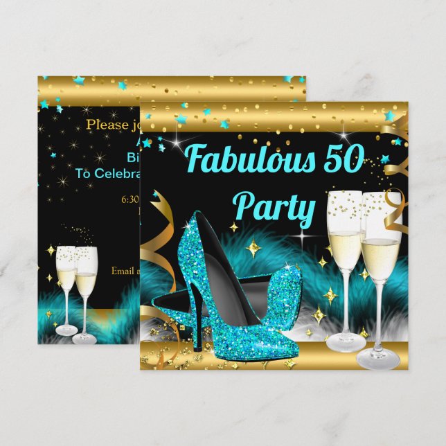Invitation Fabrique Champagne Party Turquoise Bleu Haut talon (Devant / Derrière)