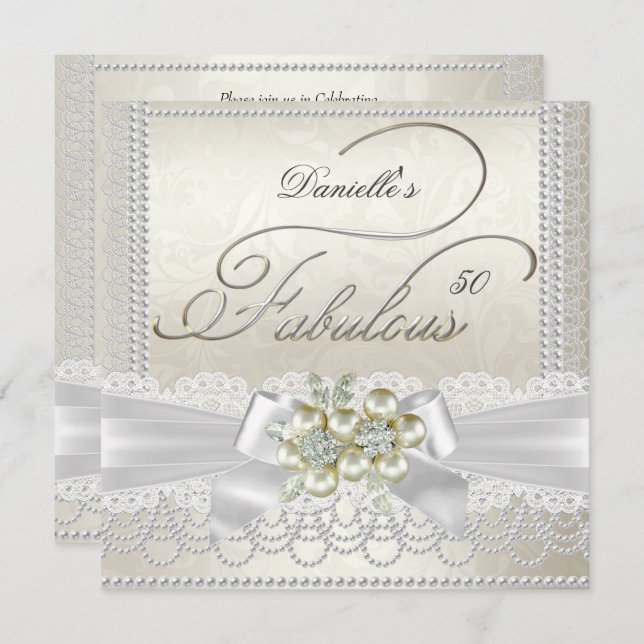 Invitation Fabrique Crème blanc Perle Lace Damas Diamond (Devant / Derrière)