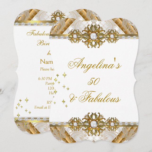 Invitation Fabrique Damask Gold White Anniversaire Party (Devant / Derrière)