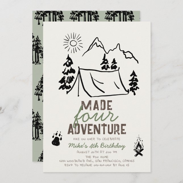 Invitation Fabriqué Four Adventure Camping Boy 4e anniversair (Devant / Derrière)