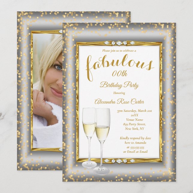 Invitation Fabrique Gold Silver Champagne Photo Anniversaire (Devant / Derrière)