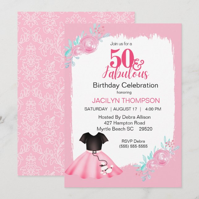 Invitation Fabrique les années 50 Poodle Jupe Anniversaire (Devant / Derrière)