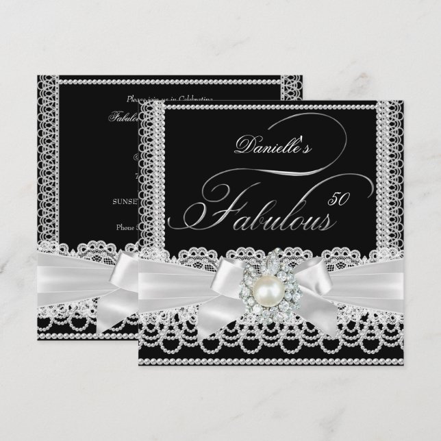 Invitation Fabrique Party Black White Pearl Lace Bow (Devant / Derrière)