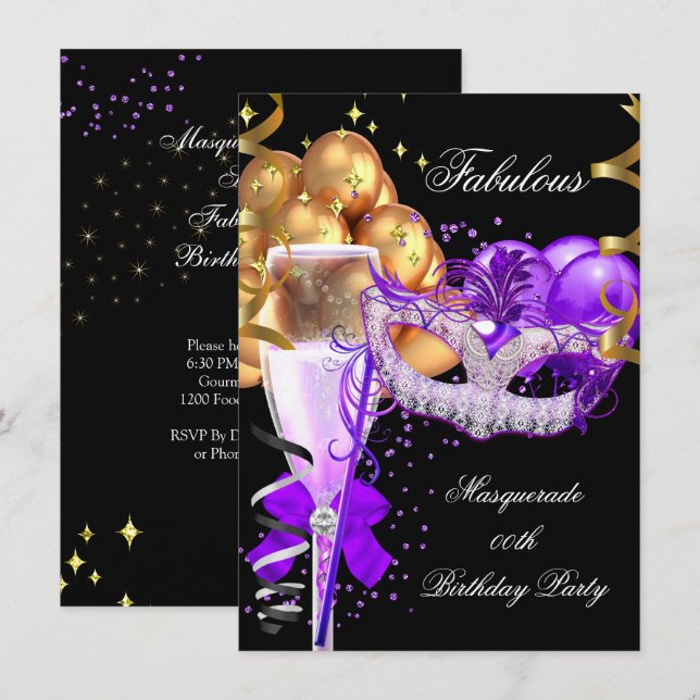 Invitation Fabrique Purple Gold Black Masquerade Party 4 (Devant / Derrière)