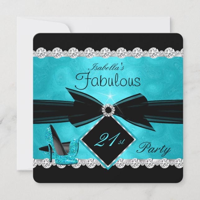 Invitation Fabuleux 21 Turquoise Black Silver fête d'annivers (Devant)