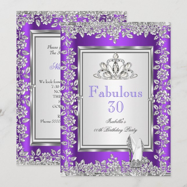 Invitation Fabuleux 30 Anniversaire Fête Purple Silver Chauss (Devant / Derrière)