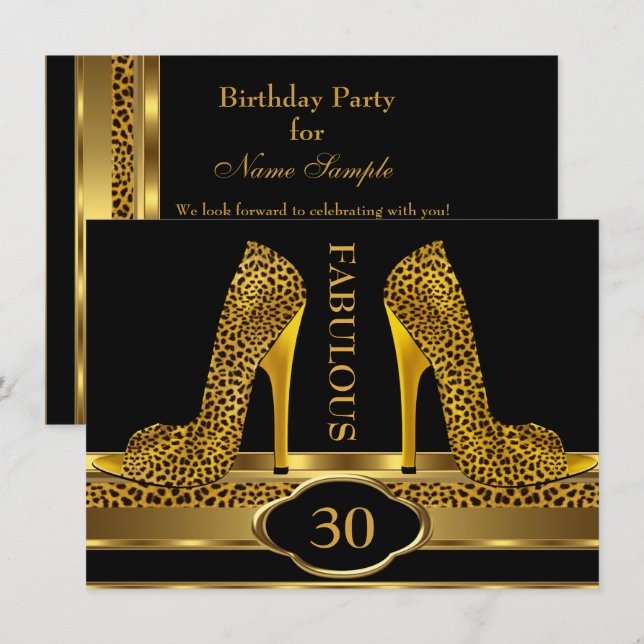 Invitation Fabuleux 30 Leopard Gold Cheetah High Heels Party (Devant / Derrière)