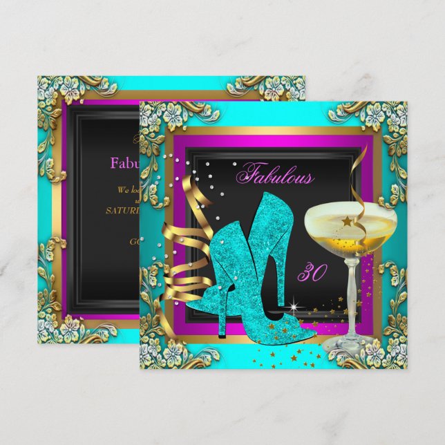 Invitation Fabuleux 30 Pink Turquoise Gold fête d'anniversair (Devant / Derrière)