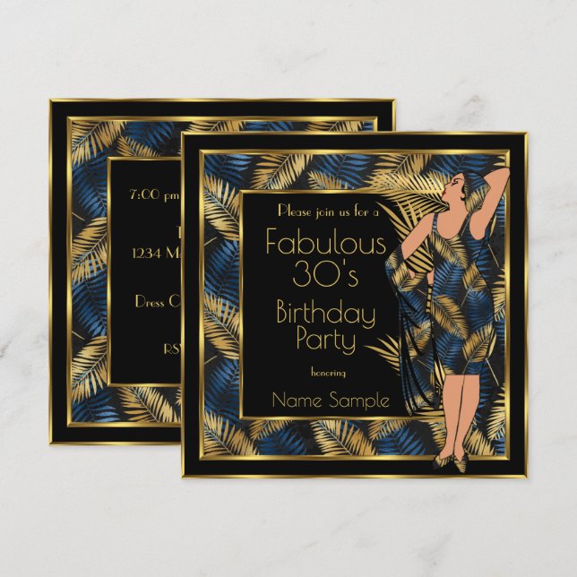 Invitation Fabuleux 30's Anniversaire Party Gold Blue Palms L (Devant / Derrière)
