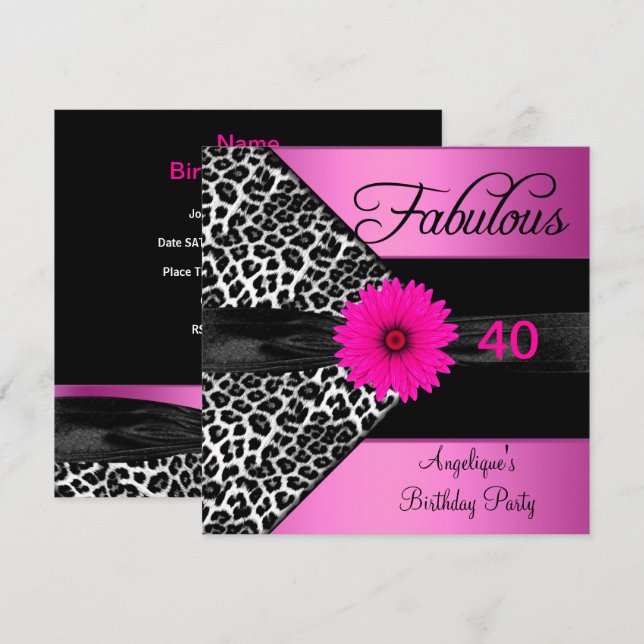 Invitation Fabuleux 40 Anniversaire Fête Chaud Pink Leopard (Devant / Derrière)