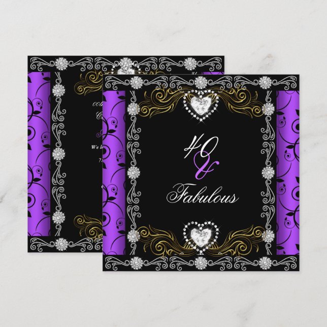 Invitation Fabuleux 40 Damask Floral Purple Black 40th Party (Devant / Derrière)