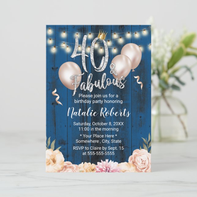 Invitation Fabuleux 40 Elégant Marine Floral Queen Anniversai (Debout devant)