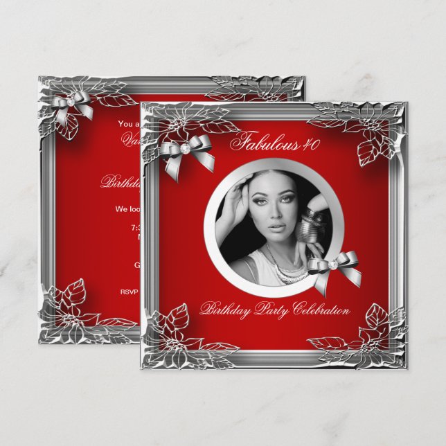 Invitation Fabuleux 40 Elegant Rouge Diamant Silver Photo Noi (Devant / Derrière)