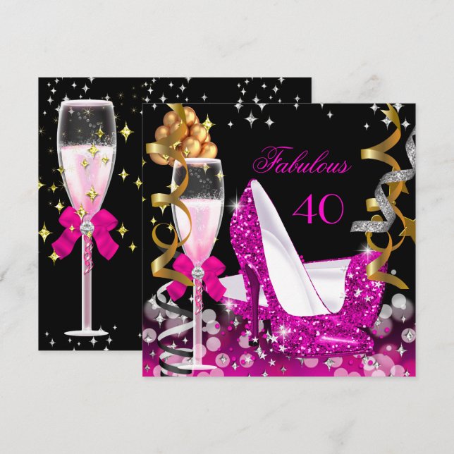 Invitation Fabuleux 40 Hot Pink Gold Bubbles Parties scintill (Devant / Derrière)