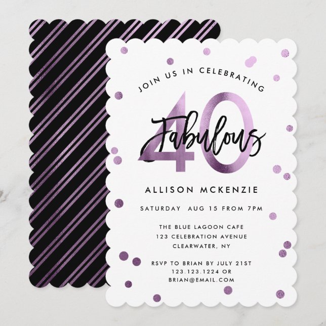 Invitation Fabuleux 40 | Lilac moderne violet brossé Annivers (Devant / Derrière)