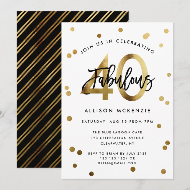 Invitation Fabuleux 40 | Moderne Elegant Or Brossé Anniversai (Devant / Derrière)