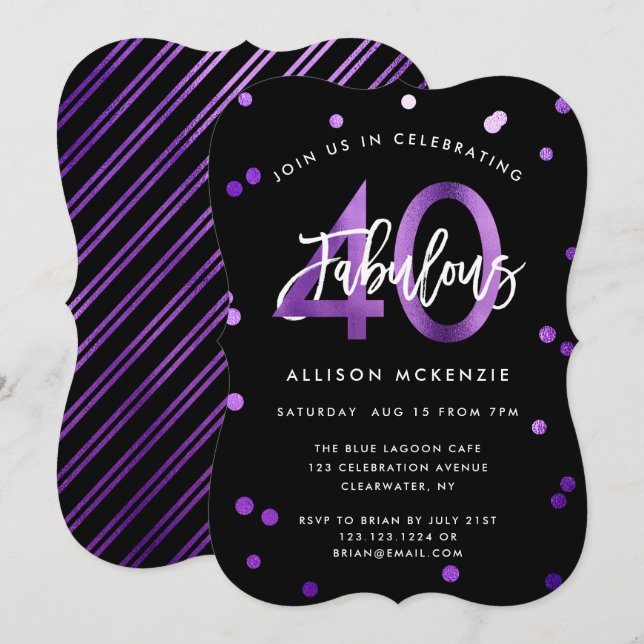 Invitation Fabuleux 40 | Moderne Elegant Purple fête d'annive (Devant / Derrière)