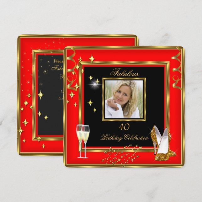 Invitation Fabuleux 40 Photo Red Gold Champagne talons (Devant / Derrière)