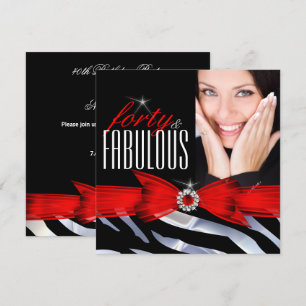 Invitation Fabuleux 40 Photo Rouge Zèbre Noir Blanc Anniversa