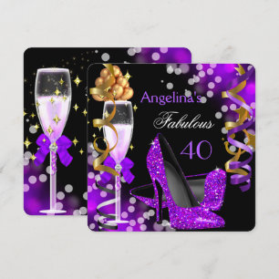 Invitation Fabuleux 40 Purple Heels Gold Bubbles Anniversaire