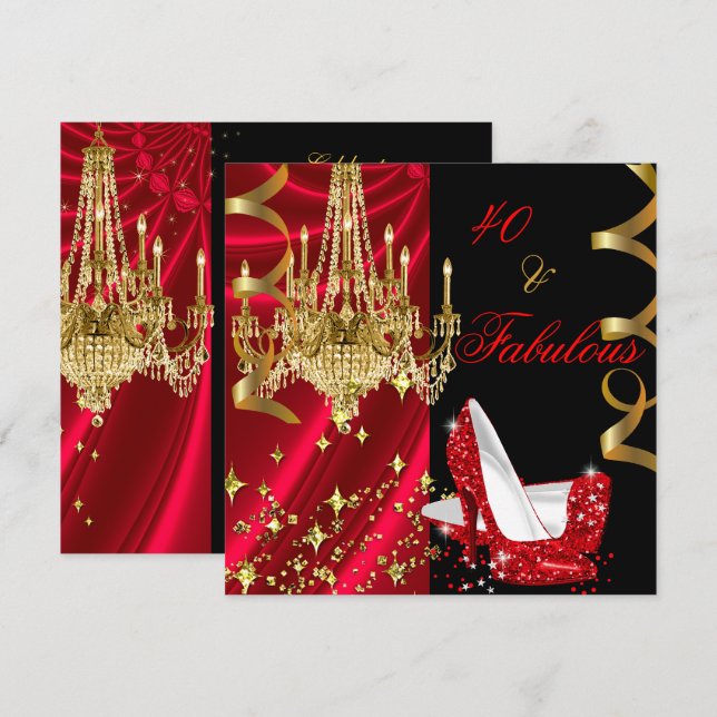Invitation Fabuleux 40 Red High Heels Chandelier Anniversaire (Devant / Derrière)