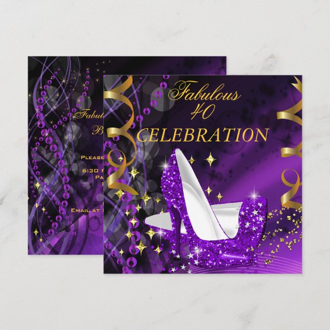 Invitation Fabuleux 40 Woman's Purple Gold Heels Anniversaire (Devant / Derrière)