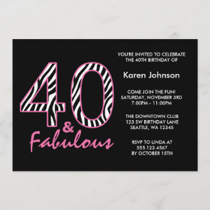 Invitation Fabuleux 40e anniversaire des zèbres noirs et rose