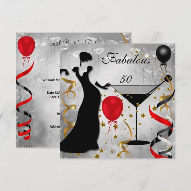 Invitation Fabuleux 50 50e Anniversaire Party Deco Dame Rouge (Devant / Derrière)