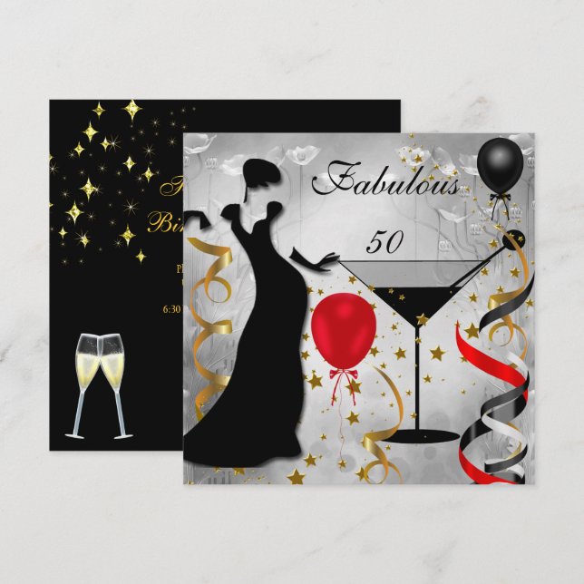 Invitation Fabuleux 50 50e Anniversaire Party Déco Lady Red 2 (Devant / Derrière)