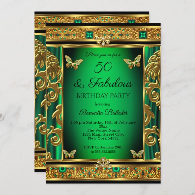 Invitation Fabuleux 50 Anniversaire Emerald Green Butterfly G (Devant / Derrière)