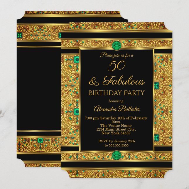 Invitation Fabuleux 50 Anniversaire Emerald Green Gem Gold (Devant / Derrière)