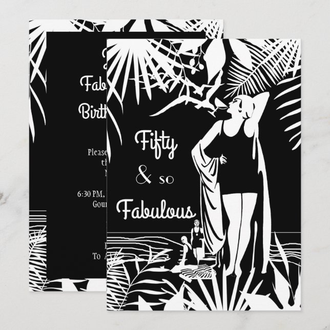 Invitation Fabuleux 50 Anniversaire Fête Déco Dame Noir Blanc (Devant / Derrière)