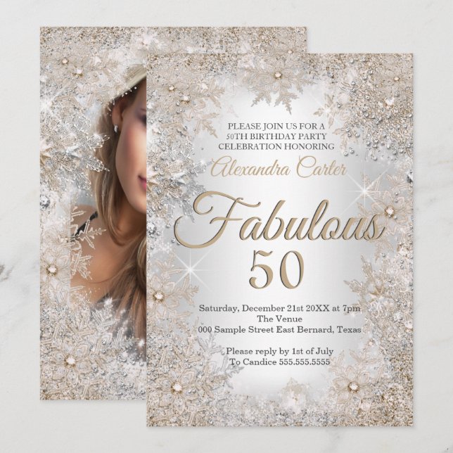 Invitation Fabuleux 50 Anniversaire Photo Silver Beige Snowfl (Devant / Derrière)