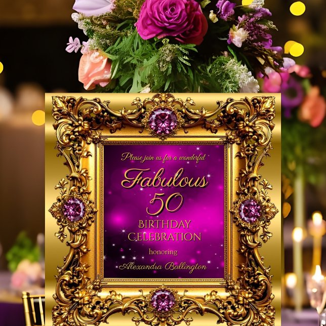 Invitation Fabuleux 50 Anniversaire Purple Pink Gold Gem (Créateur téléchargé)