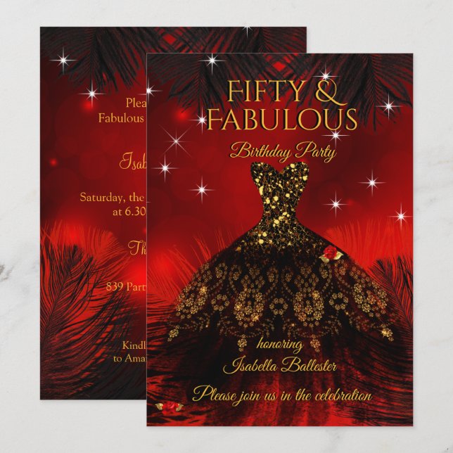 Invitation Fabuleux 50 Anniversaire Robe Rouge Black Gold (Devant / Derrière)