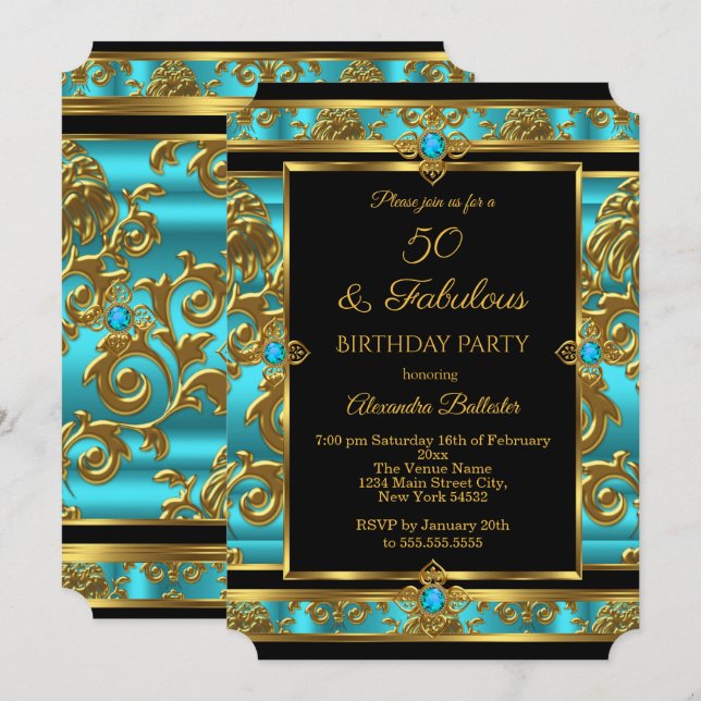 Invitation Fabuleux 50 Anniversaire Turquoise Bijou bleu Dama (Devant / Derrière)