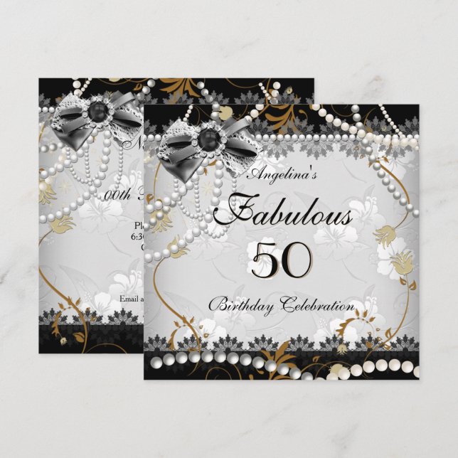 Invitation Fabuleux 50 Beige Or Black Grey Floral Anniversair (Devant / Derrière)