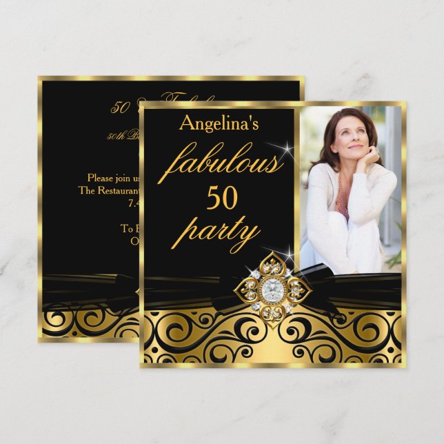 Invitation Fabuleux 50 Black Gold Faux Diamond Photo Party (Devant / Derrière)