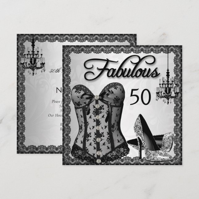 Invitation Fabuleux 50 Black Silver Corset High Heels Party (Devant / Derrière)