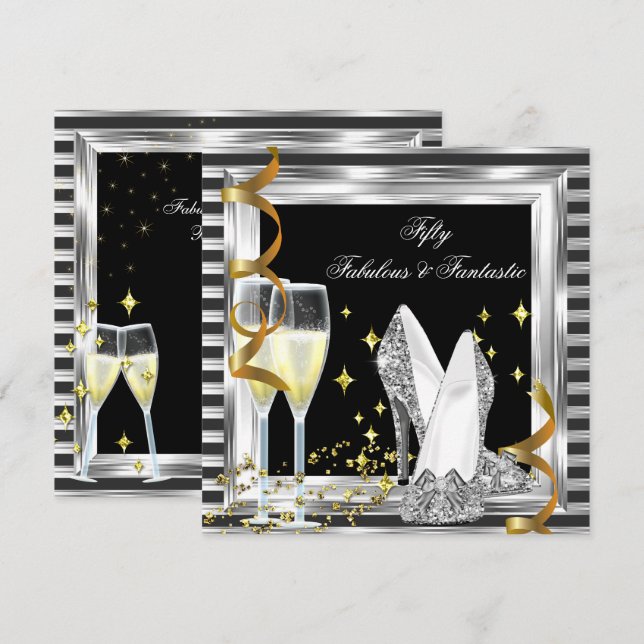 Invitation Fabuleux 50 Black Silver Stripe fête d'anniversair (Devant / Derrière)