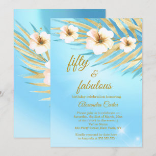 Invitation Fabuleux 50 Bleu Turquoise Or Blanc Floral Anniver