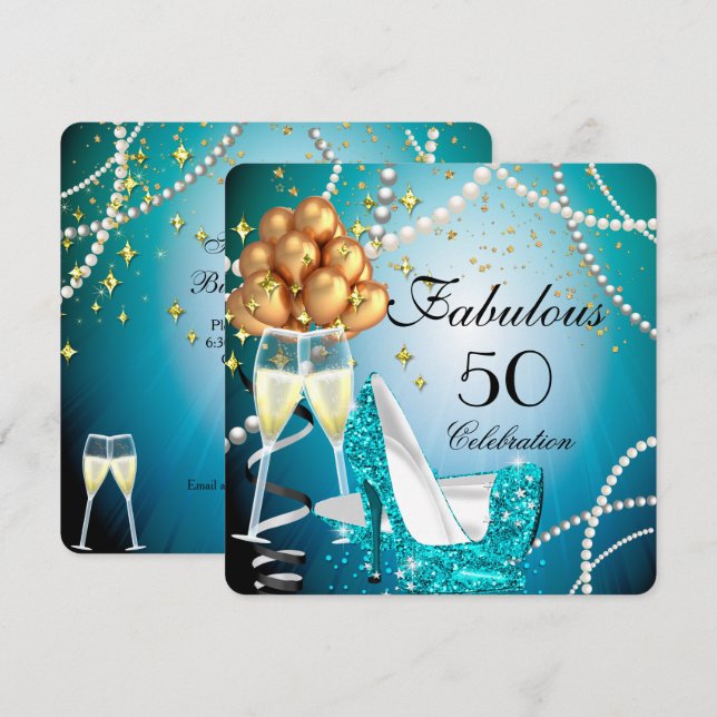 Invitation Fabuleux 50 Blue High Heels Gold Champagne Party (Devant / Derrière)