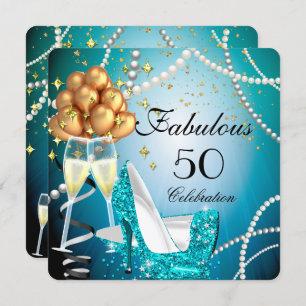Invitation Fabuleux 50 Blue High Heels Gold Champagne Party