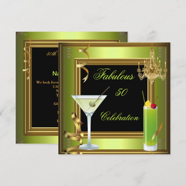Invitation Fabuleux 50 Celebration Gold Green Anniversaire (Devant / Derrière)