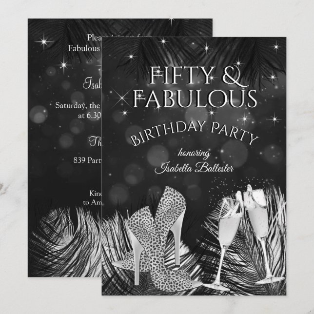 Invitation Fabuleux 50 Champagne Anniversaire Noir Blanc (Devant / Derrière)