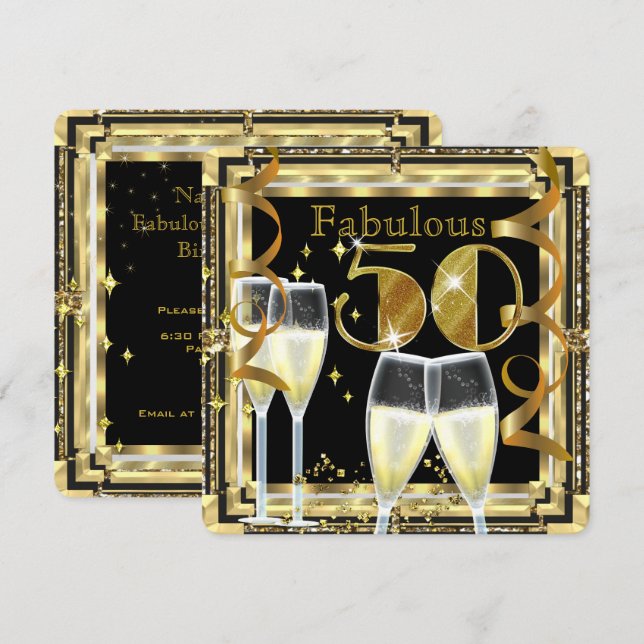 Invitation Fabuleux 50 Champagne Deco Gold Birthday Party (Devant / Derrière)