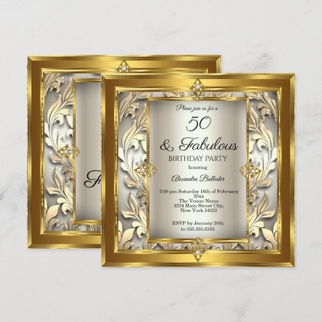 Invitation Fabuleux 50 Crème Or floral Damask Anniversaire (Devant / Derrière)