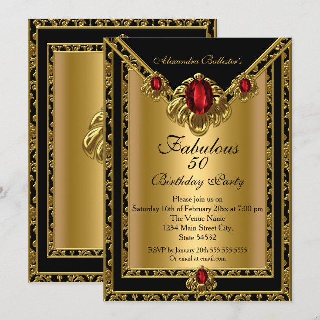 Invitation Fabuleux 50 Elegant Gold Damask Red Gem Anniversai (Devant / Derrière)